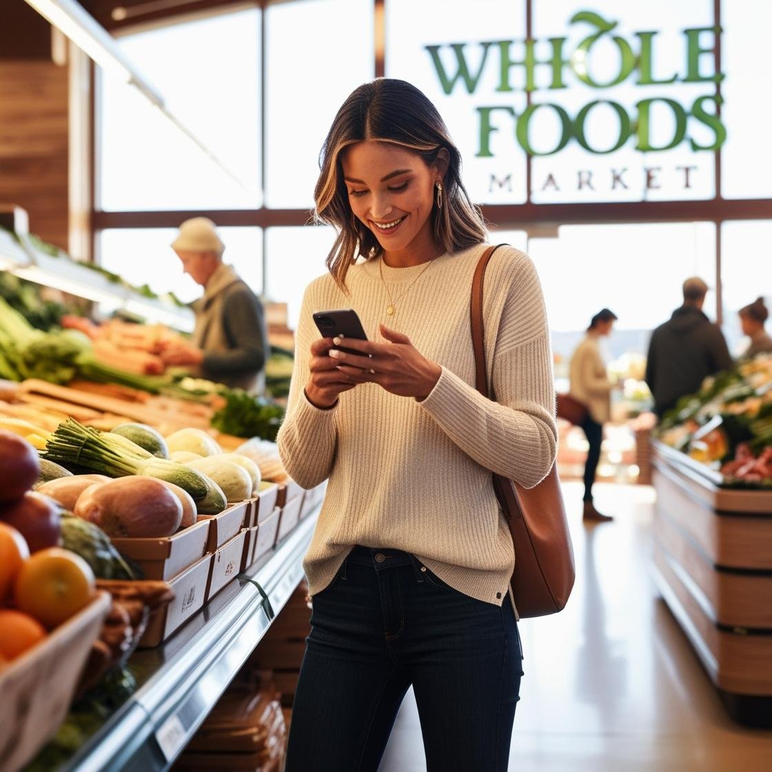 Lady happy grocery shopping